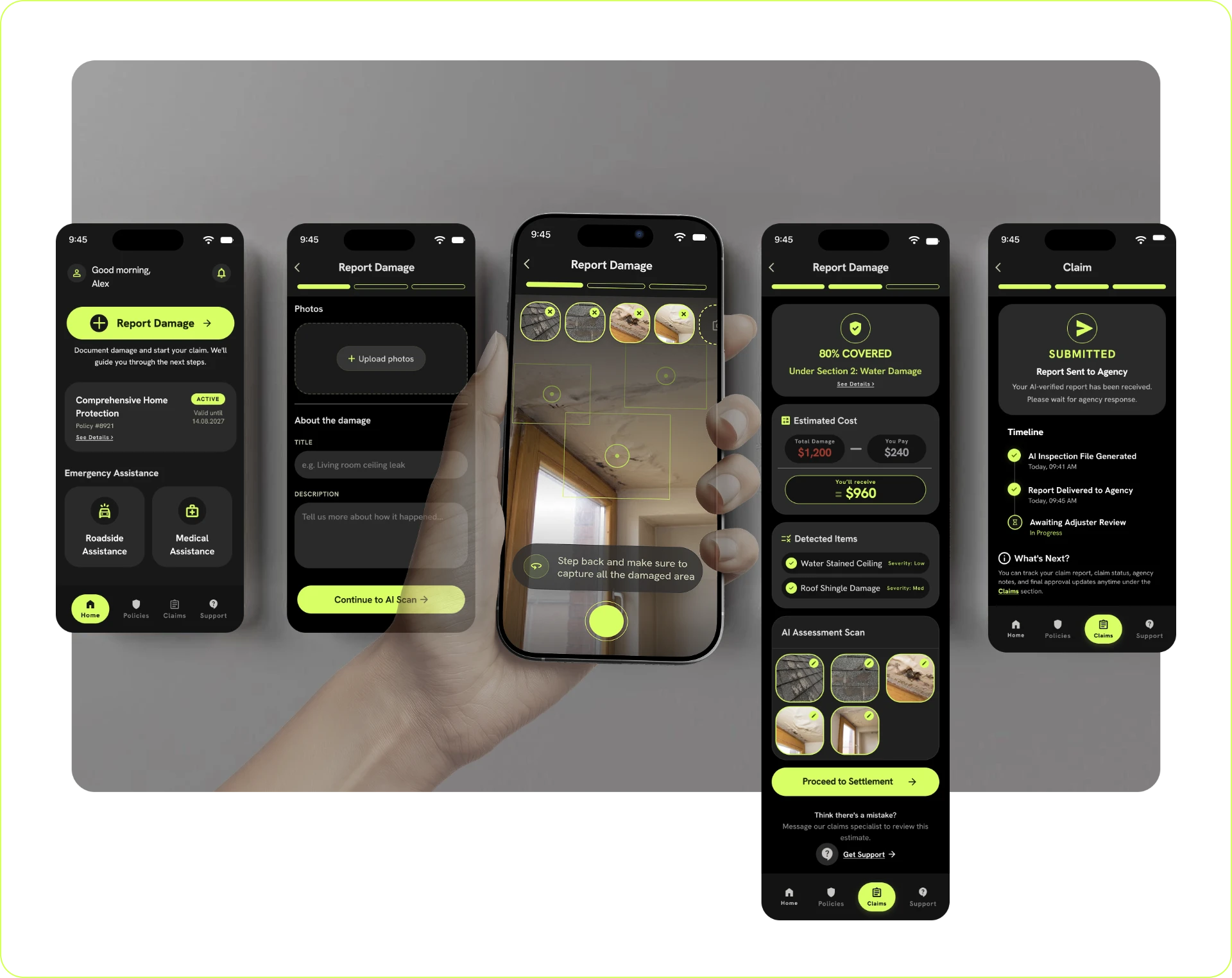 Five mobile screens of the AI claim flow