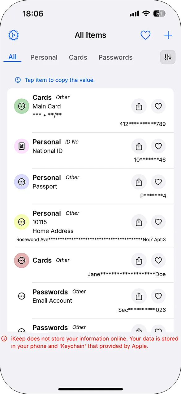 iKeep before — all items list