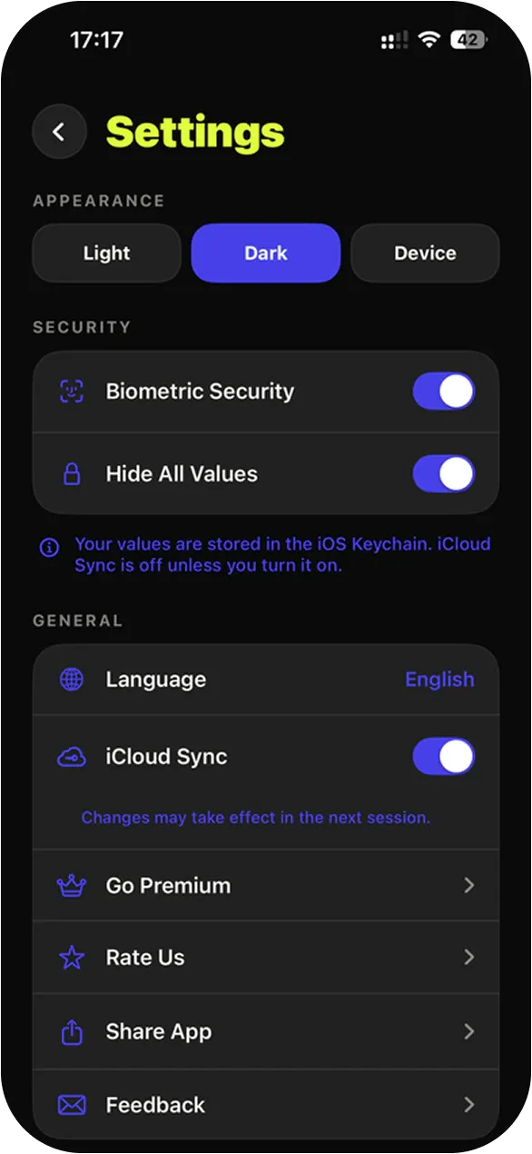 iKeep after — settings in dark mode