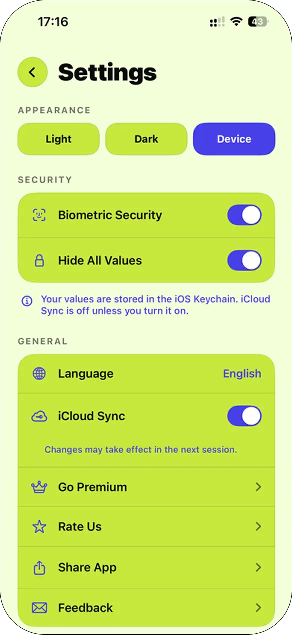 iKeep after — settings in light mode