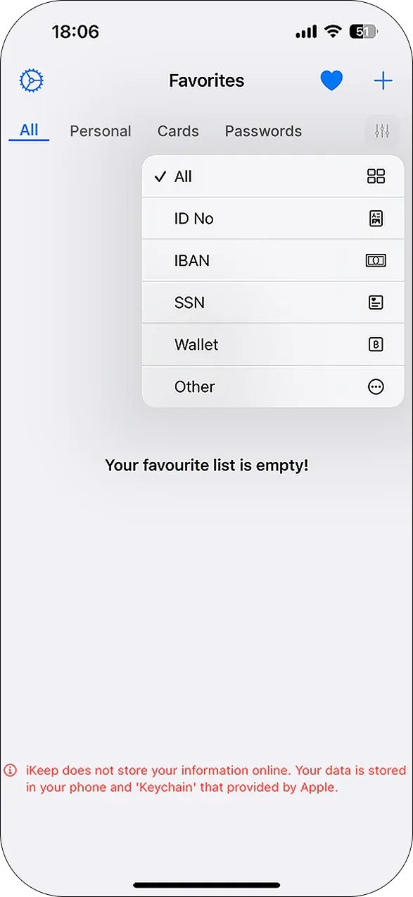 iKeep before — category filter menu