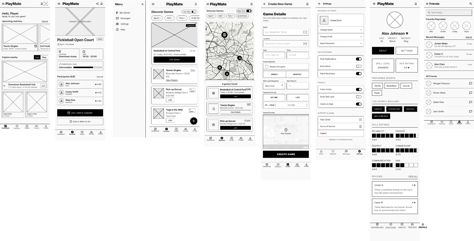 Low-fidelity wireframes for PlayMate screens