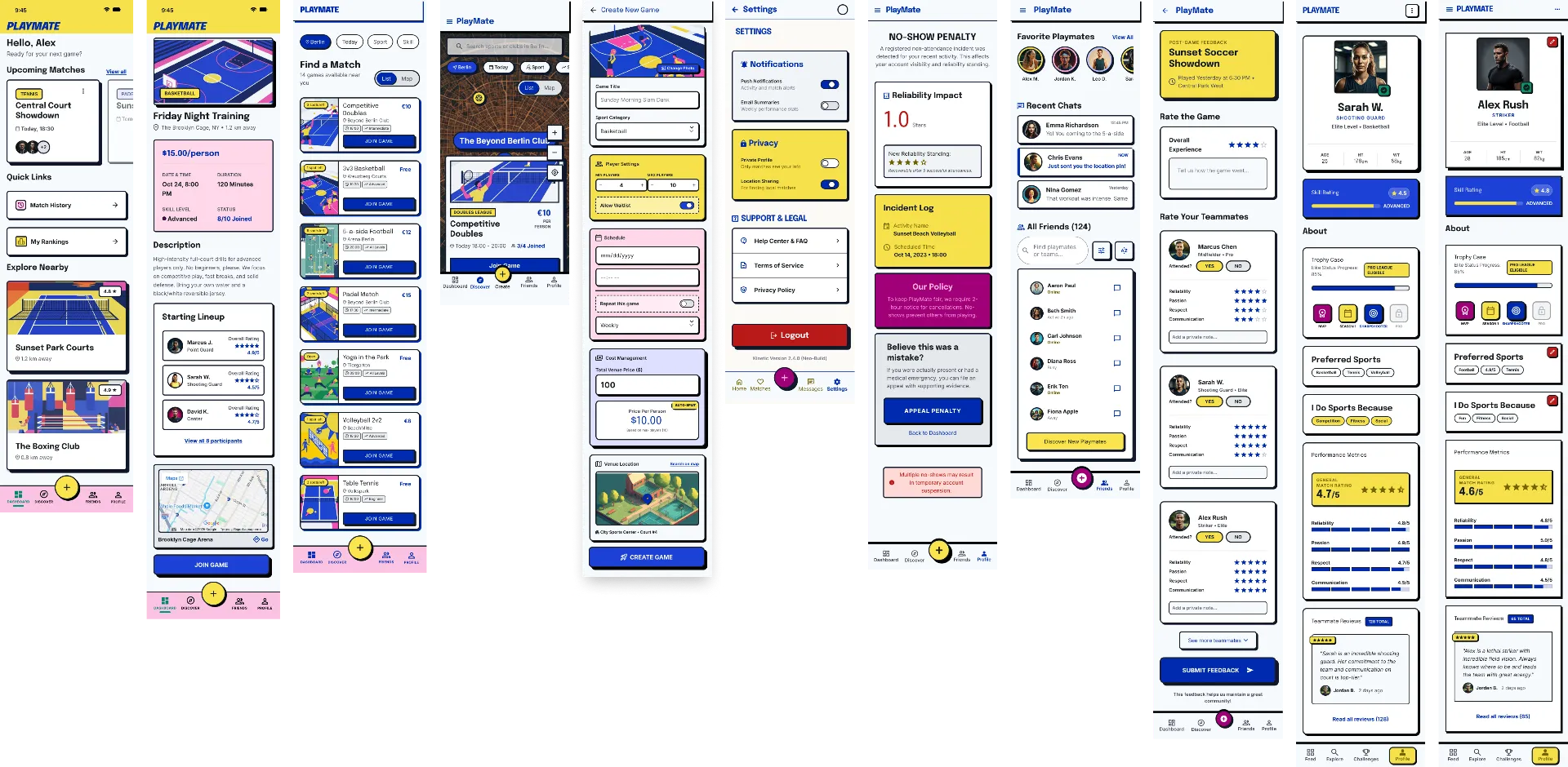 High-fidelity wireframes v1 for PlayMate screens