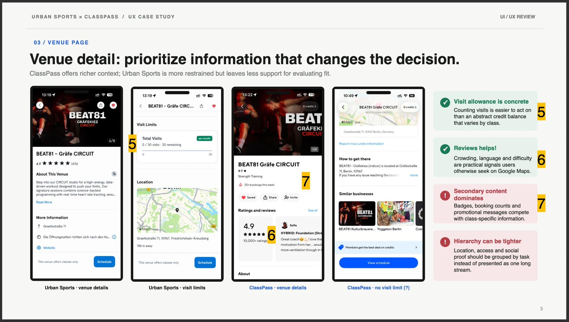 03 / Venue page — Prioritize information that changes the decision