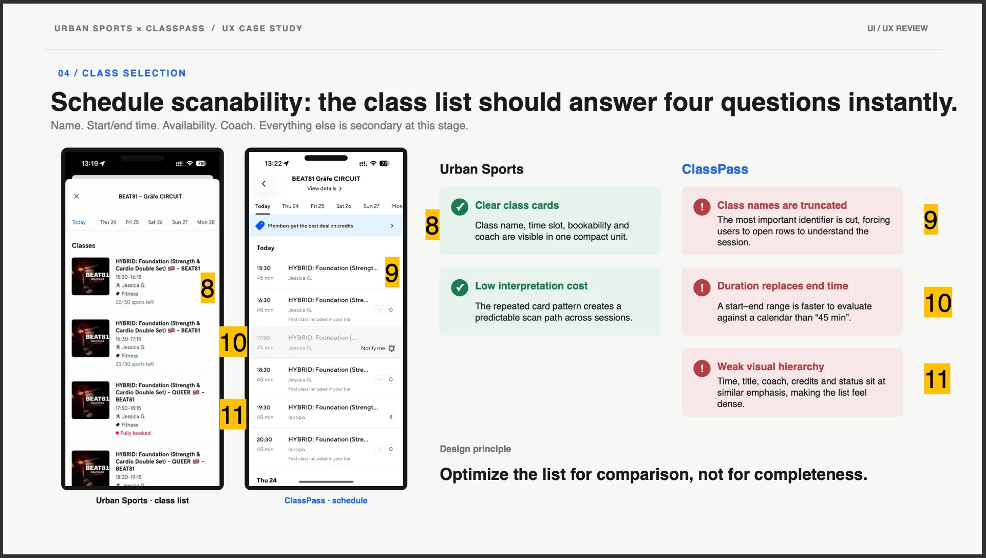 04 / Class selection — Schedule scanability